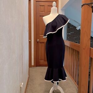 Gorgeous tango dress, one shoulder, longer in the back, dark blue and white